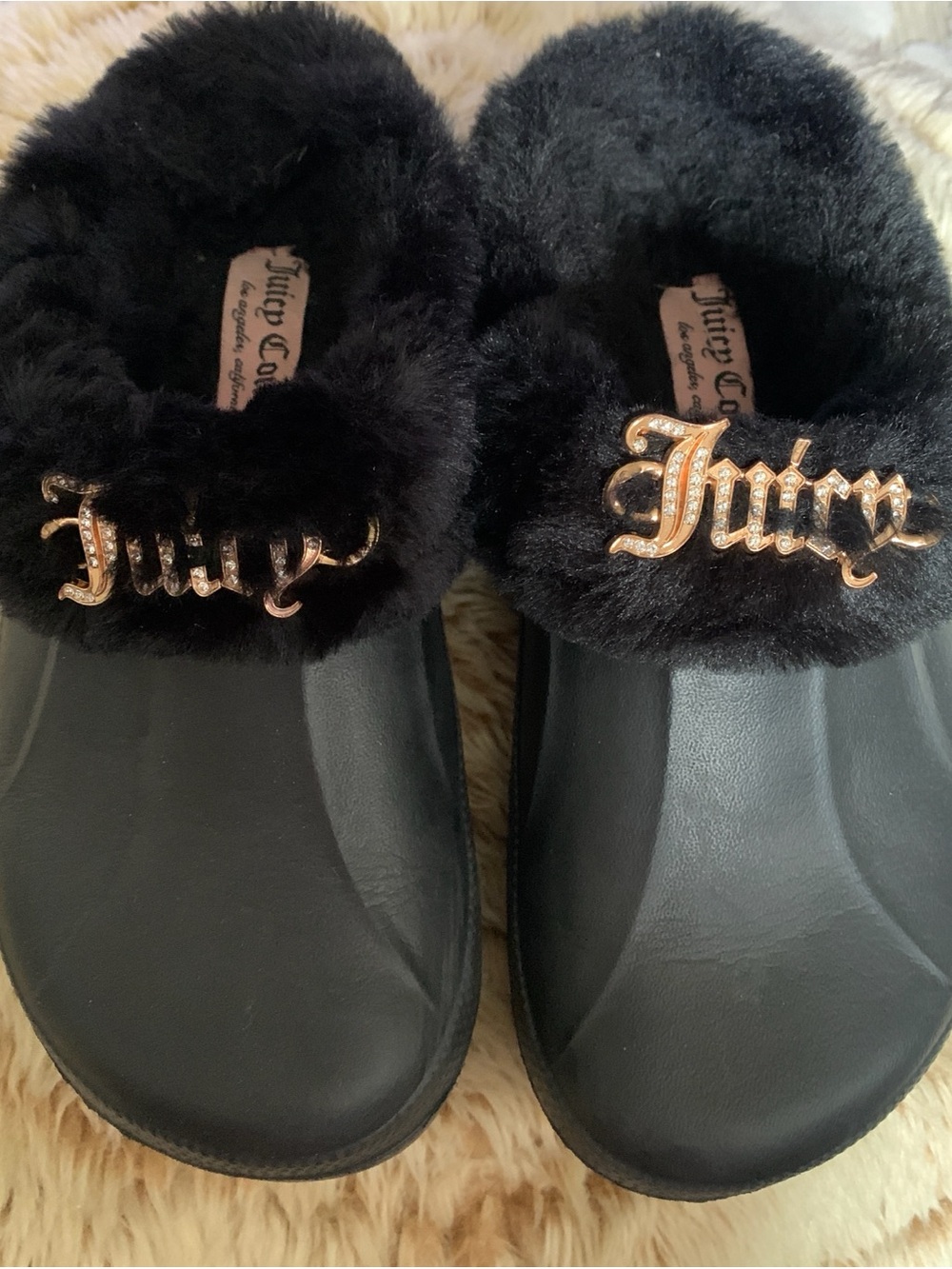 Juicy Couture Black Faux Fur Slip-On Clogs with Gold Logo